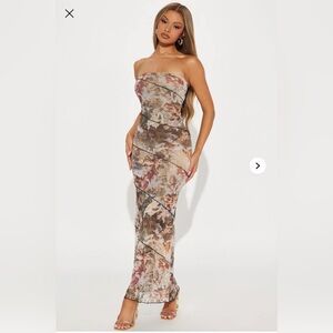 Fashion Nova Strapless Floral Dress - Cream and Brown